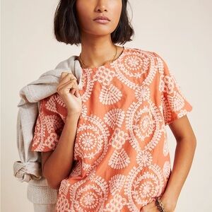 Anthropologie Embroidered Coral Top